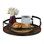 Relaxdays plateau de service, design rond, bois et mtal, avec poignes, h x d : 8, 5 x 30, 5 cm, marron ...
