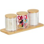 Pots  cotons - tiges avec tablette, 3 rcipients avec couvercles, plastique / bambou, transparent - ...