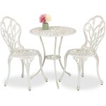 Salon de jardin, pour 2 personnes, table avec 2 chaises, fonte d'aluminium, design charmant, blanc et ...