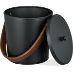Seau  cendres avec couvercle, 4, 5 litres, anse en cuir, pour charbon & cendres, chemine pole, noir ...