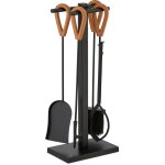 Serviteur pour chemine, lot 5 pices, tisonnier, pelle, balai  cendres, pince, support, cuir, noir ...
