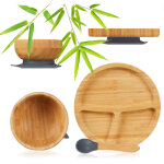 Relaxdays vaisselle enfant avec ventouse, set 3 pi�ces, assiette, bol, cuill�re, bambou, compartiment�e, ...