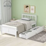 Retrok - lit en bois, lit simple, lit ado, lit adulte, avec tiroir de rangement, structure en pin, blanc ...