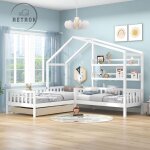 Retrok - lit cabane enfant 90x200cm + 70x140cm - avec tiroirs, tagres, sommier  lattes, cadre en l, ...