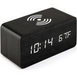 R�veil avec station de charge sans fil, horloge num�rique led en bois, contr�le du son, affichage de ...