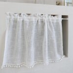 Rideau de cuisine court pour petit fen�tre lin coton texture transparent blanc uni avec pompon rideau ...
