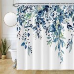 Rideau douche bleu, rideau de douche feuilles d'eucalyptus fleuri aquarelle rideaux de baignoire anti ...