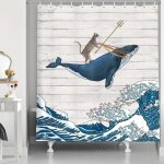 Rideau de douche humoristique en forme de chat, motif baleine dans l'océan, vague vintage, tissu oriental ... Rideau de douche humoristique en forme de chat, motif baleine dans l'océan, vague vintage, tissu oriental ...