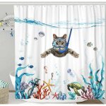 Rideaux de douche en tissu impermable bleu sarcelle de mer avec chat drle et pieuvre toile de mer to ...