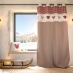 Rideau jacquard  ?illets avec haut vichy et motifs c?urs taupe 140x260 cm