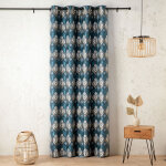 Rideau motif art d�co - effet velours � oeillets bleu 140x260 cm