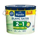 Ripolin - peinture murs et plafonds 2 en 1 blanc satin 10l + 2l gratuits