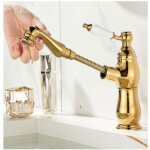 Robinet mitigeur lavabo avec douchette extractible - or rose / champagne - eau chaude & froide haute ...