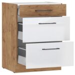 Rock - meuble bas casserolier - m�lamin� chene lancelot et blanc brillant - 60 cm - 3 tiroirs