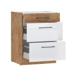 Rock - meuble bas casserolier - mlamin chene lancelot et blanc brillant - 60 cm - 3 tiroirs - plan ...