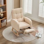 Rocking chair fauteuil  bascule, avec repose - pieds cach, pieds en bois, tissu teddy, beige - modfu ...