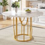 Table ronde 80x80x76cm effet marbre avec pieds mtal dors, style luxe lger pour cuisine, salon ou salle ...