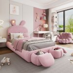 Lit enfant tapiss�, 90 x 200 cm, lit simple, t�te de lit oreilles de lapin, �clairage led, deux tabourets ...