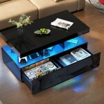 Table de salon rectangulaire, table basse moderne et brillante avec �clairage led, table de salon avec ...