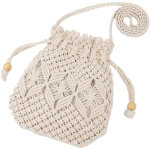 Sac � main de plage pour femme, en coton, bandouli�re, sac seau tiss� � la main, cordon de serrage.