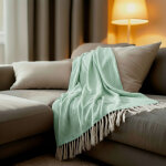 Sacasa - couverture plaid 100% coton bleu turquoise avec franges 180x220cm zigora