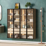 Salle de bain avec 2 tiroirs et 2 portes vitr�es, vitrine, led int�gr�, 74x36x155 cm, naturel, 2 pi�ces ...