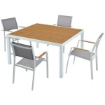 Salle à manger de jardin en aluminium : une table carrée l. 140 cm et 4 fauteuils empilables - naturel ... Salle à manger de jardin en aluminium : une table carrée l. 140 cm et 4 fauteuils empilables - naturel ...
