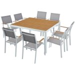 Salle à manger de jardin en aluminium : une table carrée l. 140 cm et 8 fauteuils empilables - naturel ... Salle à manger de jardin en aluminium : une table carrée l. 140 cm et 8 fauteuils empilables - naturel ...