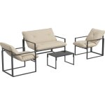 Outsunny - salon de jardin 4 personnes - 4 pices, 3 coussins - acier poxy noir polyester beige