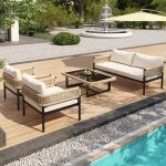 Salon de jardin 4 pi�ces, 1 canap� + 2 chaises + 1 table basse, avec coussins et pieds r�glables, ensemble ...