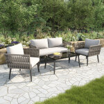 Salon de jardin 4 places - canap�, 2 fauteuils et table basse - corde pe tress�e, acier galvanis� - gris ...
