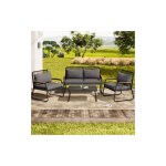 Salon de jardin 4 places avec canap�, fauteuils et table basse, structure en acier galvanis�, plateau ...