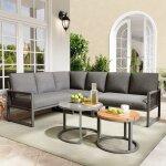 Salon de jardin pour 6 - 7 personnes, canap� d?angle avec cadre en fer galvanis�, pieds r�glables, combinable ...