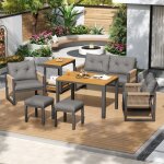 Salon de jardin 6 places avec table ? ensemble moderne en m�tal et tress�, structure m�tal, coussins ...