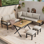 Salon de jardin 7 places - fer galvanis� l�ger - 2 canap�s, table � manger et 2 tabourets - beige