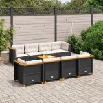 Salon de jardin 9 places en r�sine tress�e noir avec coussins cr�me - 8 si�ges modulables + table acacia ...