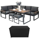 Salon de jardin en aluminium effet bois & coffre de rangement en rotin noir 7 places ext�rieur canap� ...