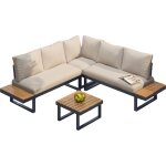 Salon de jardin d?angle avec dossier inclinable 5 positions, table basse imitation teck, beige