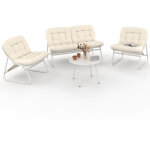 Salon de jardin arona bas 4 places en m�tal blanc et coussins beiges avec canap�, fauteuils et table