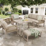 Salon de jardin en bois, 7 places - ensemble de jardin avec canap� droit 3 places, banc 2 places, 2 fauteuils, ...
