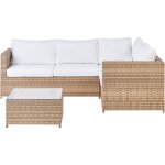 Beliani - salon de jardin canap d'angle avec table basse verre ensemble polyrotin avec coussins blanc ...