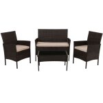 Salon de jardin ensemble lounge 4 places avec table en verre en r�sine tress�e marron et coussins cr�me ...