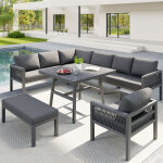 Salon de jardin, ensemble de meubles en rotin pe pour 6 - 7 places - cordage - canap� d'angle en fer ...