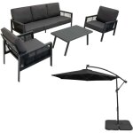 Salon de jardin gris 5 places avec parasol d�port� noir 3m & base ? canap�, fauteuils, table basse & ...