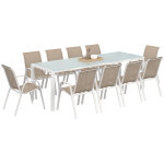 Salon de jardin madrid table 240 cm et 10 chaises empilables blanc et beige