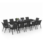 Salon de jardin madrid table extensible 135 - 270 cm et 12 chaises empilables noir