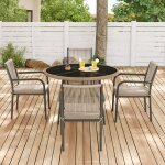 Salon de jardin moderne 4 places en rotin ? table ronde en verre et 4 fauteuils sur structure m�tal, ...