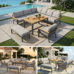 Salon de jardin moderne pour 8 personnes, comprend canap� d'angle, fauteuil, banc et table, r�sistant ...