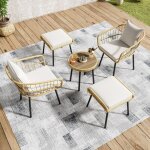 Salon de jardin en rotin 5 pi�ces, mobilier de jardin avec 2 fauteuils et 2 chaises, coussins, ensemble ...