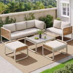 Salon de jardin en rotin, ensemble de meubles pour 6 - 7 personnes, canap� d?angle avec cadre en fer ...